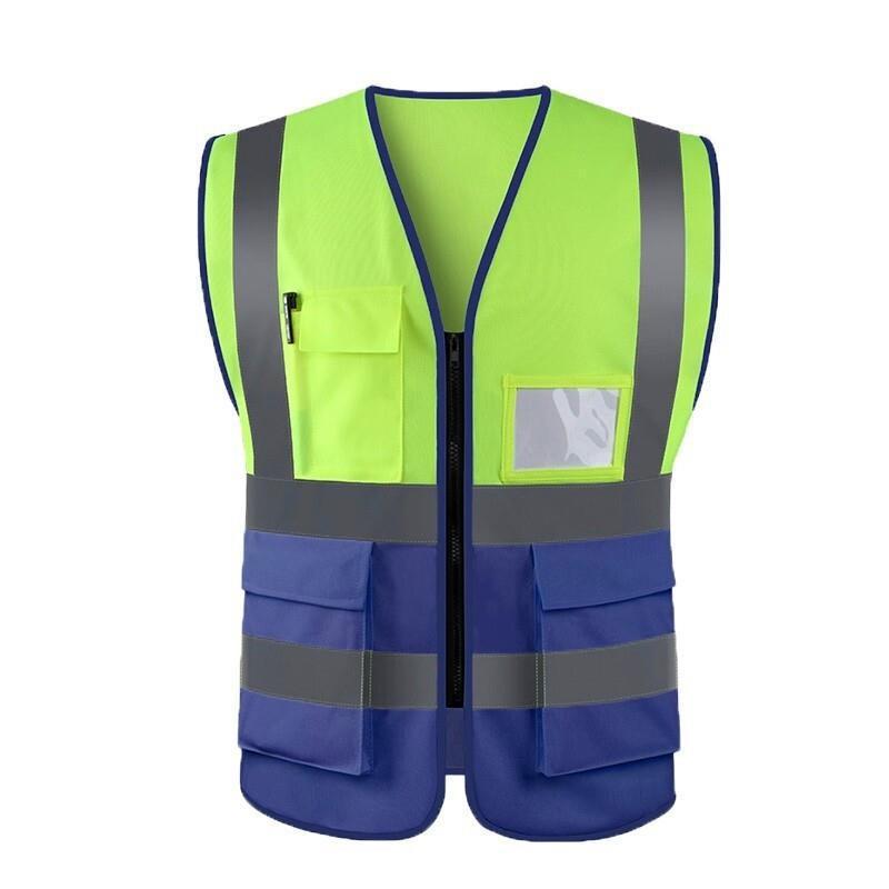 Multi Pocket Reflective Vest High Visibility Zipper Vest Safety Warning Vest 4 Reflective Strips - Fluorescent Yellow+ Blue