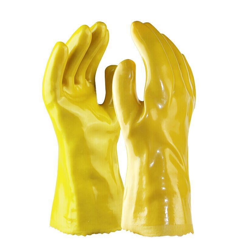 Yellow Cotton-Wool Plastic Labor Protection PVC Gloves Oil Resistant Stain Resistant Acid And Alkali Resistant Gloves For Aquatic Products Processing (Yellow Oil Resistant)