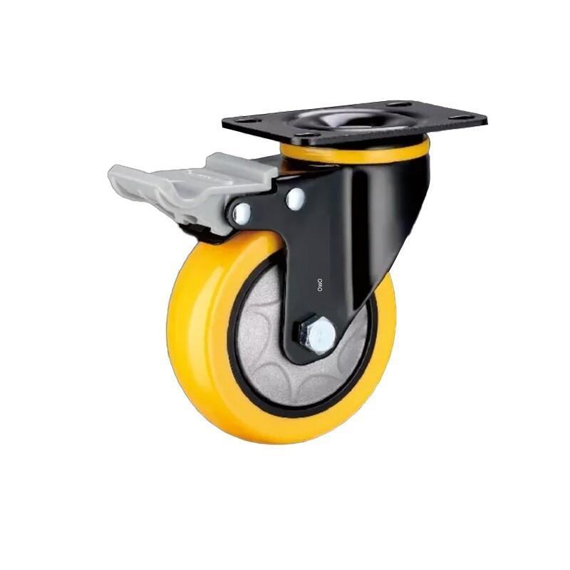 4 Sets 3 Inch Flat Bottom Caster Plastic Double Brake Orange Polyurethane (PU) Caster Medium Universal Wheel