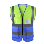 Zipper Multi-Pocket Reflective Vest Safety Warning Vest 4 Reflective Strips for Environmental Sanitation Construction Riding - Fluorescent Yellow+Blue