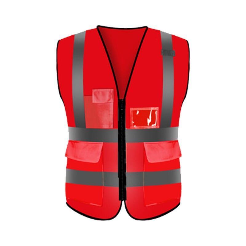 High Visibility Safety Vest With Reflective Strips And Zipper Pockets Construction Work Uniform Securities Clothing - Red