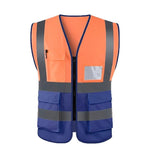 High Visibility Zipper Multi Pocket Reflective Vest Safety Warning Vest 4 Reflective Strips - Fluorescent Orange + Blue