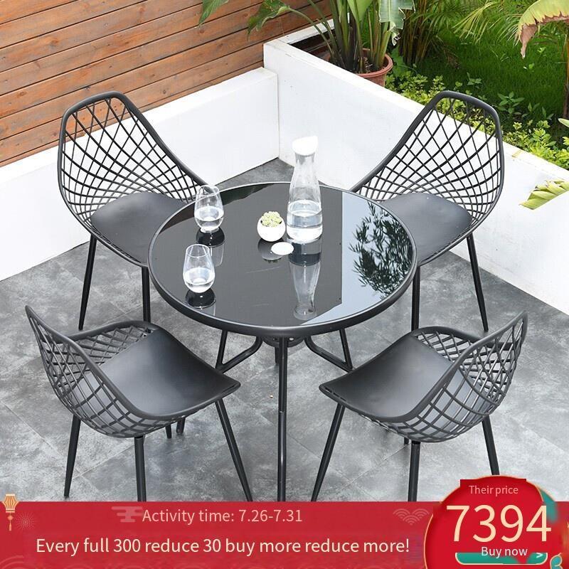 Outdoor Table And Chair Combination Garden Leisure Chair Simple Balcony Small Tea Table Table And Chair 4 + 1 [with 80cm Black Glass Round Table]