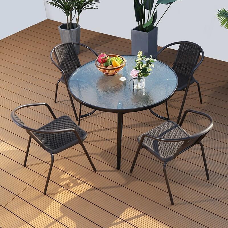 80cm Outdoor Table And Chair Courtyard Balcony Garden Small Rattan Chair 4 Chairs + Iron Round Table