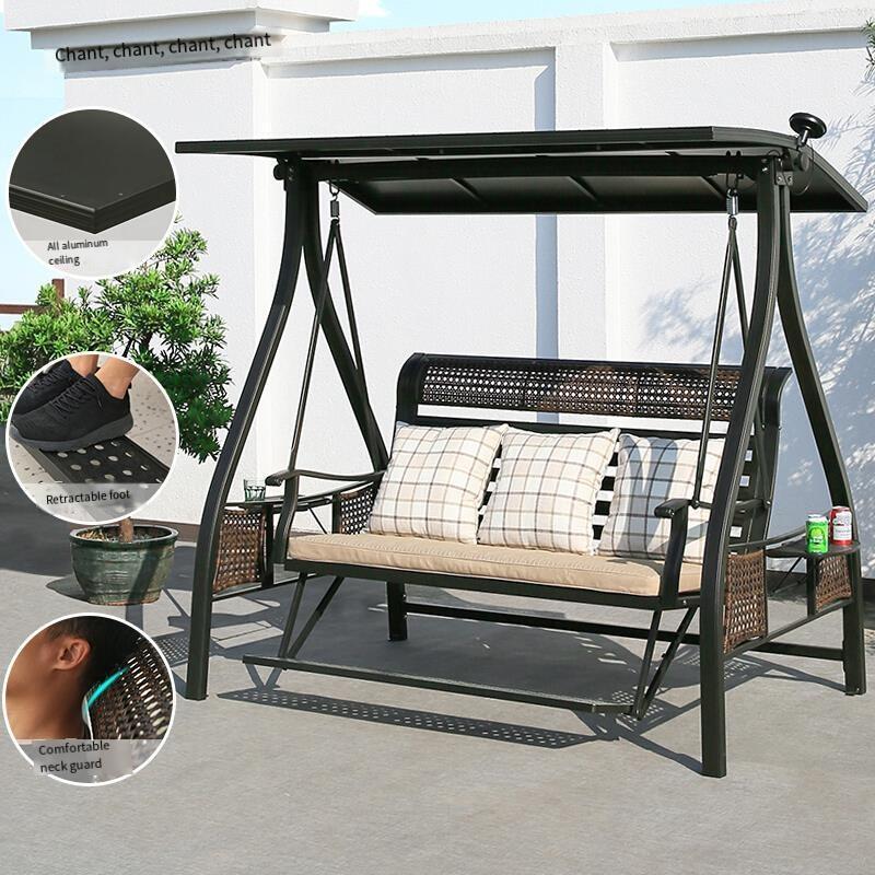 Outdoor Swing Leisure Rocking Chair Garden Villa Balcony Family Hanging Double Hidden Gold: Three Person Swing With Foot Aluminum Alloy Ceiling With Lamp