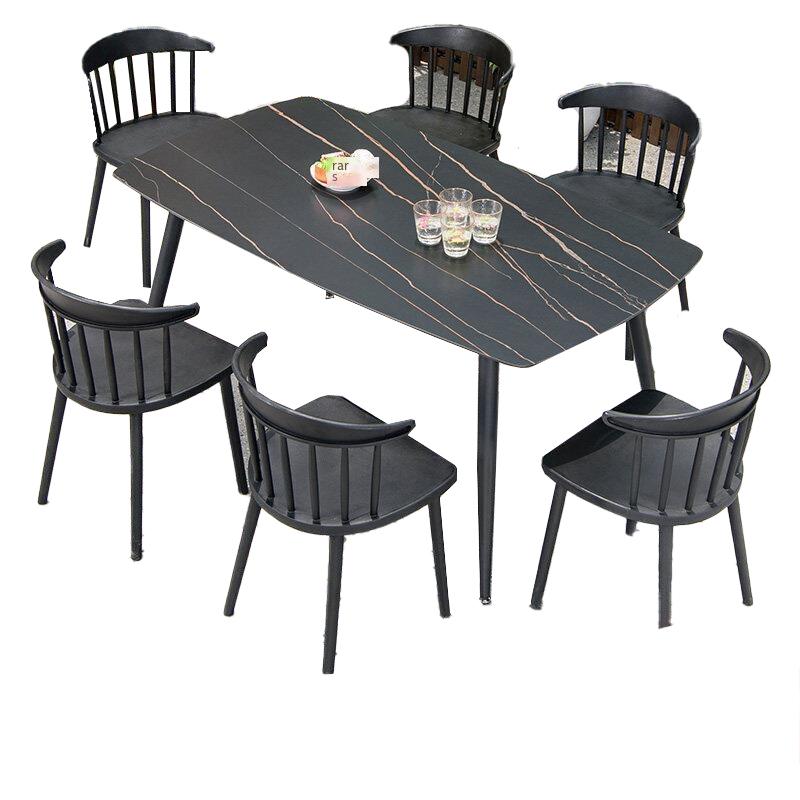 Outdoor Tables And Chairs Courtyard Balcony Garden Milk Tea Shop Rock Board Leisure Combination 6 + 1 [equipped With 16ocm Black Gold Pattern Rock Board Round Corner Long Table]