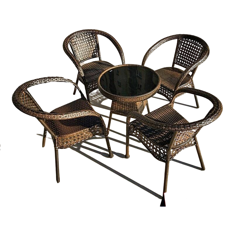 4 Chairs + 60 Black Glass Round Table Outdoor Balcony Three Piece Set Outdoor Villa Courtyard Rattan Terrace Simple Leisure Small Tea Table