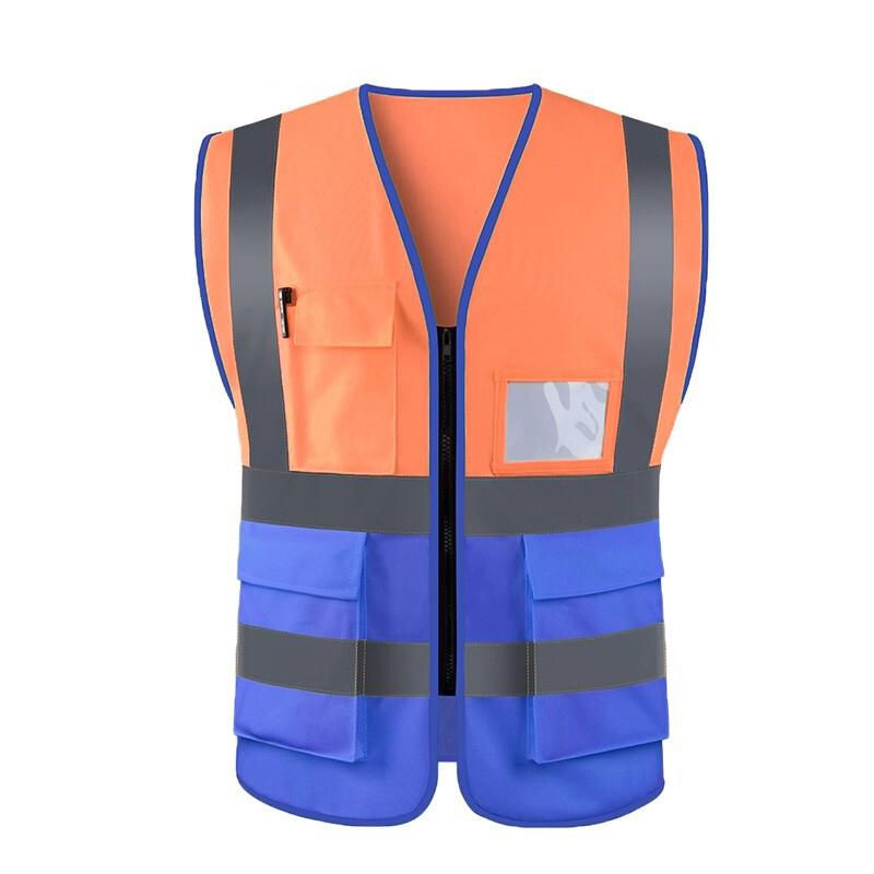 Highly Visibility Original Safety Vest with 4 Highly Reflective Strips Safety Zipper Breathable Fabric for Outdoor Work Jogging Sports - Orange + Blue