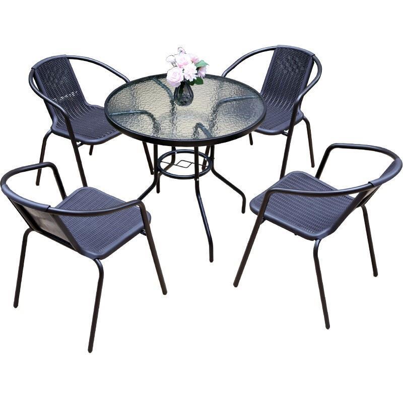 Classic 4 Chairs + 80 Water Grain Glass Round Table Rattan Chair Outdoor Balcony Table Chair Courtyard Leisure Chair Outdoor Rain Proof Sun Proof Rattan Chair Single Modern Simple Terrace