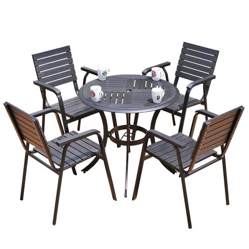 Outdoor Table And Chair Balcony Anticorrosion Aluminum Alloy Plastic Wood Coffee Table And Chair Leisure Garden Combination One Table Four Chairs