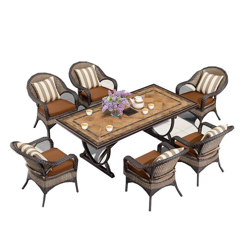 Outdoor Leisure Rattan Table And Chair Balcony Modern Simple Villa Courtyard Marble Combination 8 + 1 [long Table With Ceramic Tile Surface 240x110] With Cushion And Pillow