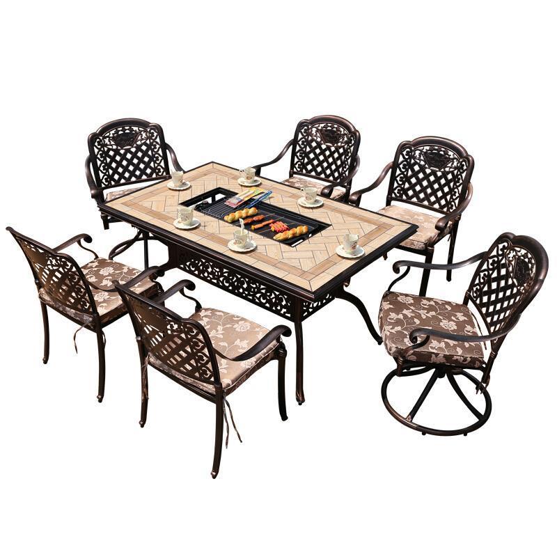 Outdoor Barbecue Table And Chair Cast Aluminum Terrace Set Courtyard Garden Iron Art Home Leisure Combination Bbq Table Smokeless Multi-function Electric 8 + 1 [eli With 230cm Double Stove Long Table] Electric + Charcoal Grill Hot Pot