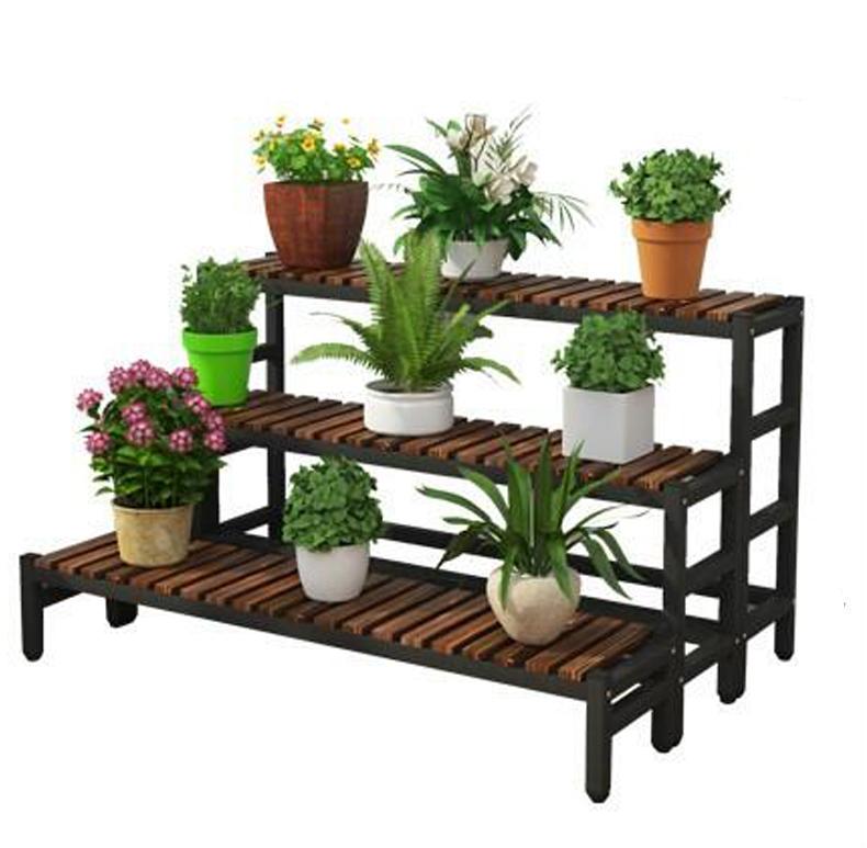 Flower Rack Iron Art European Style Flower Rack Indoor Multi-storey Living Room Flower Rack Floor Type Balcony Wooden Flower Pot Rack Solid Wood Pot Rack Ladder Length 120 * Width 30 * Height 66 (double-layer Widening)