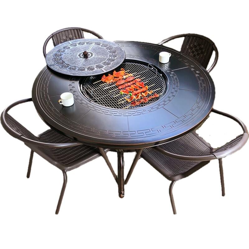 Outdoor Barbecue Table And Chair Combination Courtyard Terrace Garden European Iron Furniture 4 PVC Bordeaux Chairs + 120cm Carved Carbon Baking Table